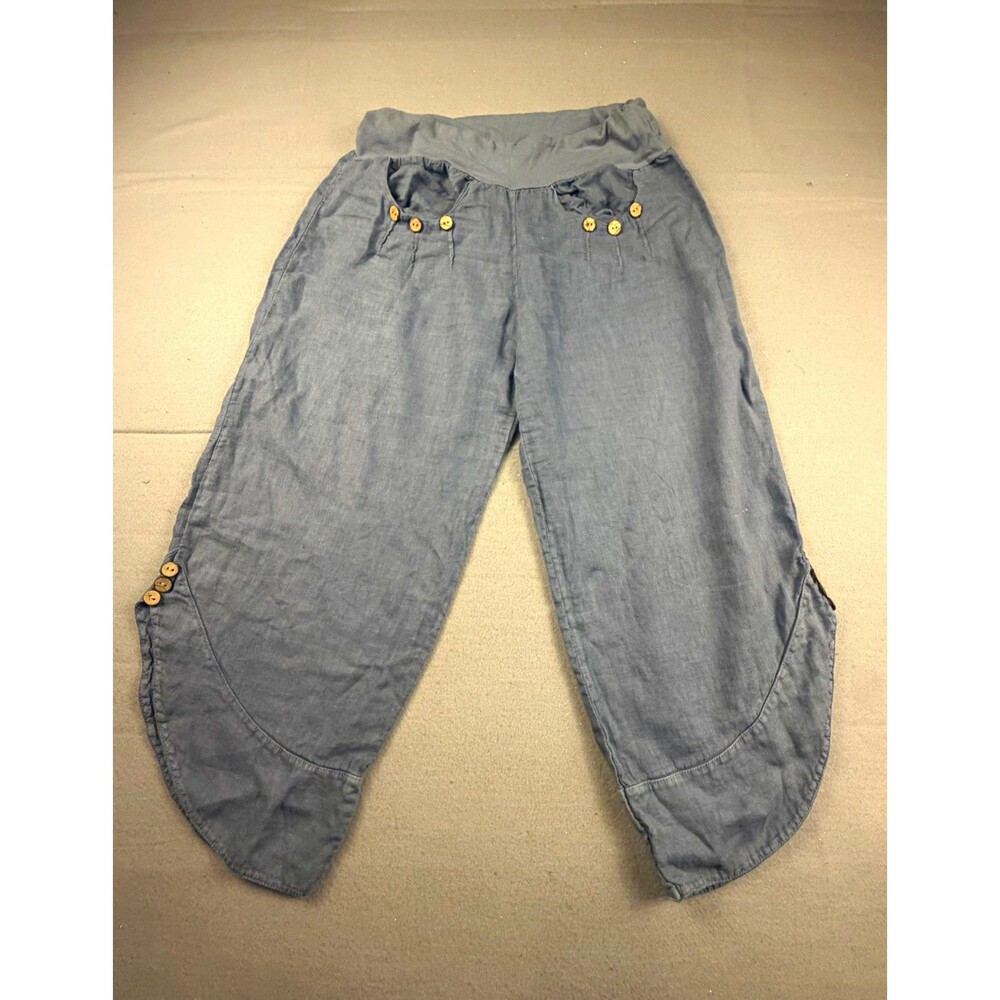 Made in Italy Women's Blue Linen Cotton Harem Pants Pull On Relaxed Pockets